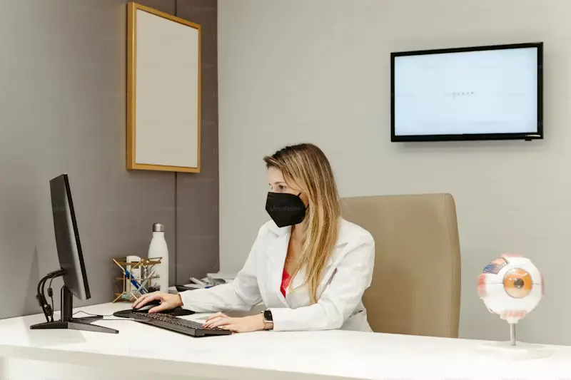 A clinician working at a computer in a clinical office